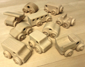 Set of 10 Wooden Block Play Unit Block Play Made in the USA Toy Vehicles including Wooden Toy Airplane, Wooden Toy Cars, and Wooden Toy Trucks, all made in the USA from Hard Rock Maple.
